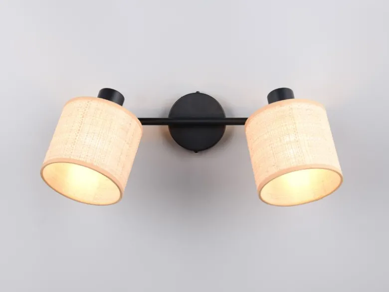 LED Deckenstrahler 2-flammig mit Lampenschirmen aus Bast, Breite 42cm