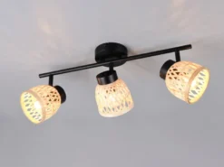 LED Deckenstrahler 3-flammig mit Korb Lampenschirmen aus Bambus, Breite 60cm