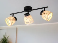 LED Deckenstrahler 3-flammig mit Korb Lampenschirmen aus Bambus, Breite 60cm
