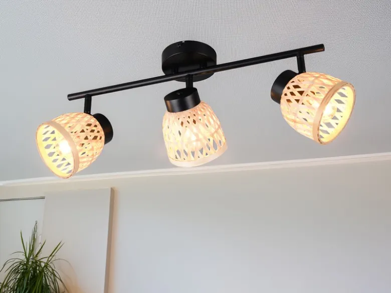 LED Deckenstrahler 3-flammig mit Korb Lampenschirmen aus Bambus, Breite 60cm