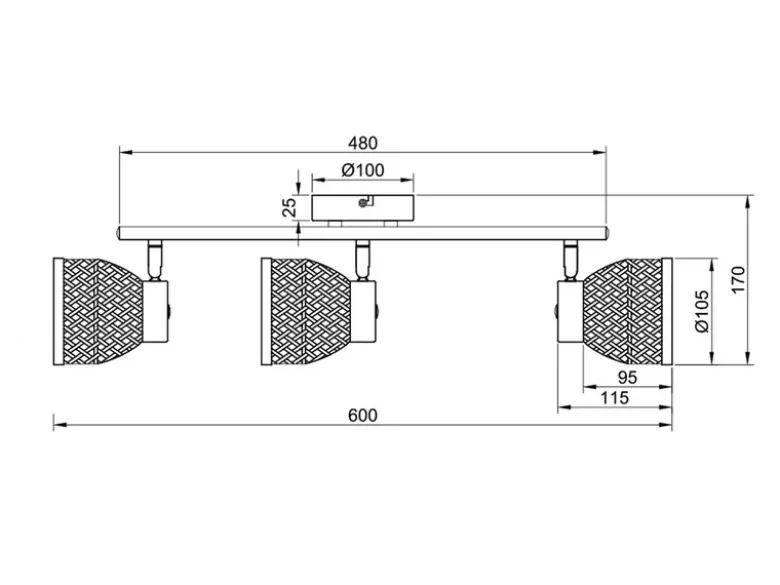 LED Deckenstrahler 3-flammig mit Korb Lampenschirmen aus Bambus, Breite 60cm