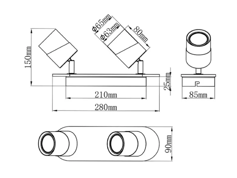 LED Deckenstrahler 2-flammig, Naturholz & Metall Schwarz, Breite 28cm