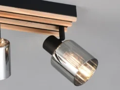 LED Deckenstrahler 3-flammig, Rauchglas Schwarz & Holzlamellen, Breite 52,5cm