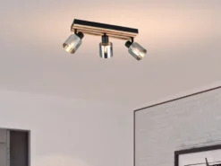 LED Deckenstrahler 3-flammig, Rauchglas Schwarz & Holzlamellen, Breite 52,5cm