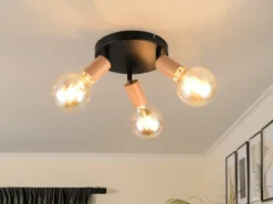 LED Deckenstrahler 3-flammig rund aus Metall in Schwarz & Holzoptik, Ø 29cm