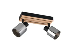 LED Deckenstrahler 2-flammig, Rauchglas Schwarz & Holzlamellen, Breite 38,5cm