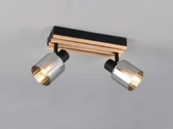 LED Deckenstrahler 2-flammig, Rauchglas Schwarz & Holzlamellen, Breite 38,5cm