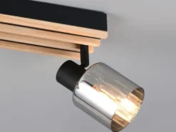 LED Deckenstrahler 2-flammig, Rauchglas Schwarz & Holzlamellen, Breite 38,5cm