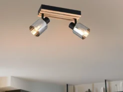 LED Deckenstrahler 2-flammig, Rauchglas Schwarz & Holzlamellen, Breite 38,5cm