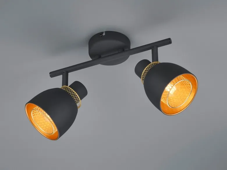 LED Deckenstrahler 2-flammig Schwarz Gold mit Drahtgeflecht, Breite 28cm