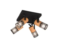 LED Deckenstrahler 4-flammig, Schwarz mit Holz, Quadrat 22cm