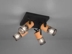 LED Deckenstrahler 4-flammig, Schwarz mit Holz, Quadrat 22cm