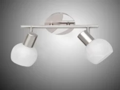 LED Deckenstrahler 2 flammig Silber/Chrom Glas Alabaster, Breite 27cm