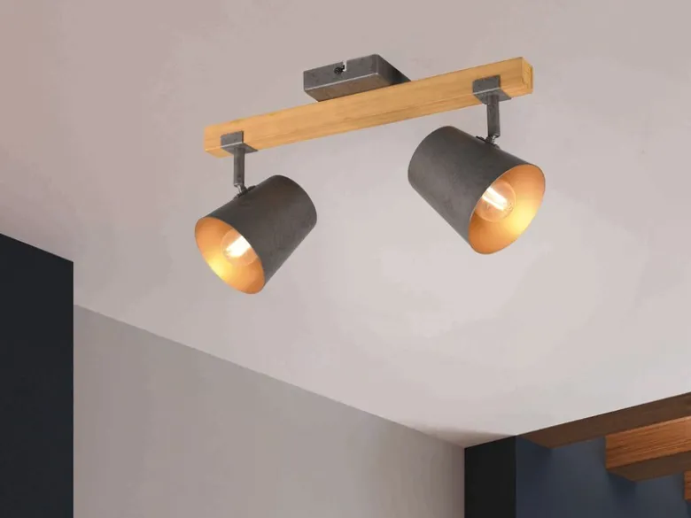 LED Deckenstrahler 2-flammig Silber antik & Gold mit Holz, Breite 42,5cm