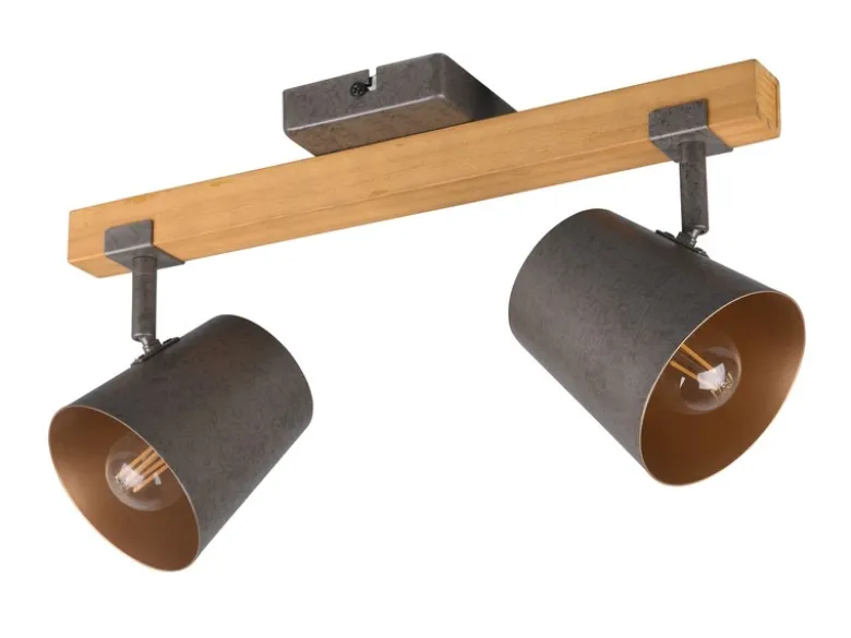 LED Deckenstrahler 2-flammig Silber antik & Gold mit Holz, Breite 42,5cm