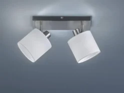 LED Deckenstrahler 2-flammig Silber, Stoffschirme Weiß, Breite 28cm