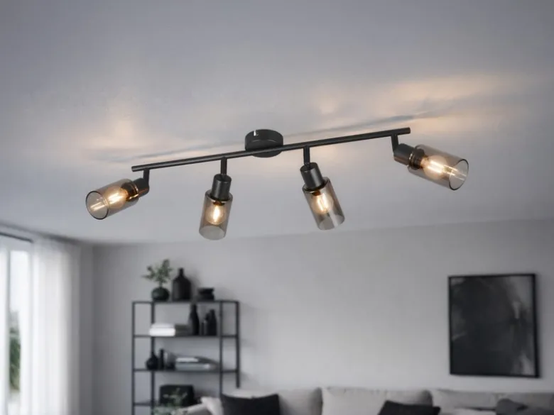 LED Deckenstrahler 4-flammig Schwarz mit Rauchglas Lampenschirmen, Breite 60cm