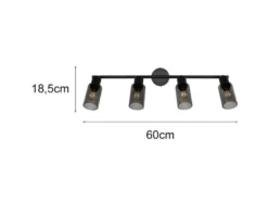 LED Deckenstrahler 4-flammig Schwarz mit Rauchglas Lampenschirmen, Breite 60cm