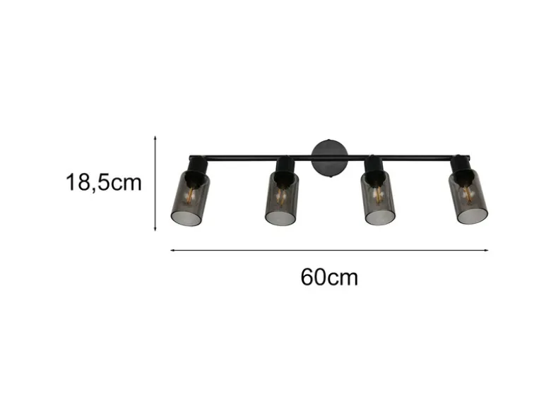 LED Deckenstrahler 4-flammig Schwarz mit Rauchglas Lampenschirmen, Breite 60cm