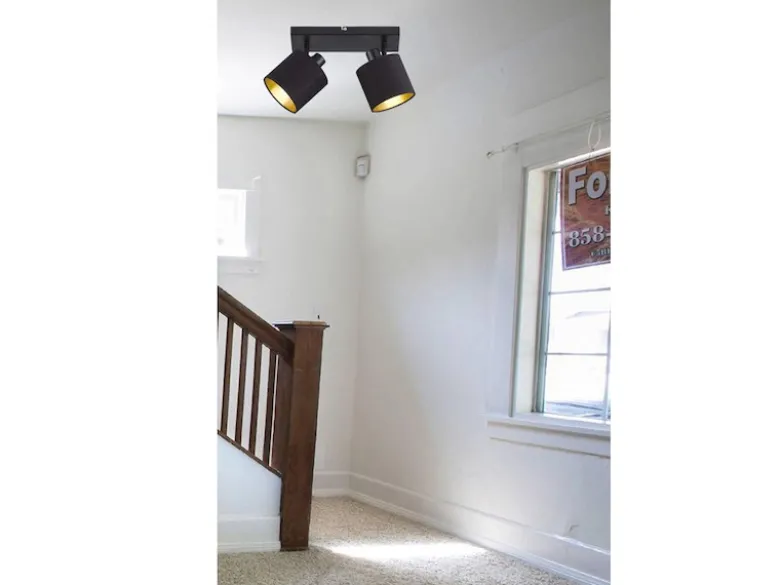 LED Deckenstrahler 2-flammig Schwarz, Stoffschirme Schwarz Gold, Breite 28cm
