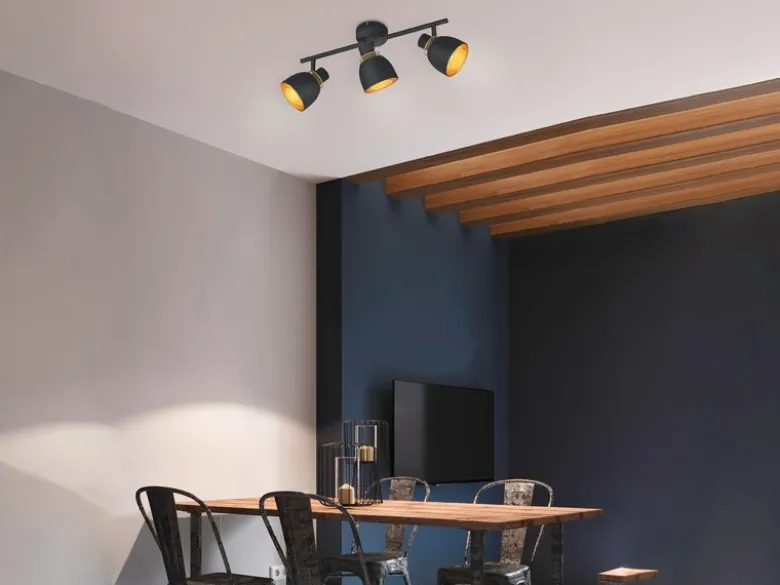 LED Deckenstrahler 3-flammig Schwarz Gold mit Drahtgeflecht, Breite 45cm