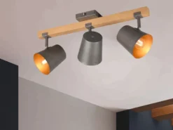 LED Deckenstrahler 3-flammig Silber antik & Gold mit Holz, Breite 54cm