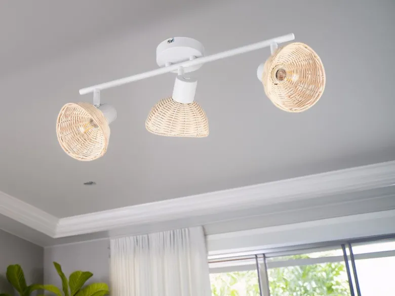 LED Deckenstrahler 3-flammig Weiß, Lampenschirme Rattan, Breite 59cm