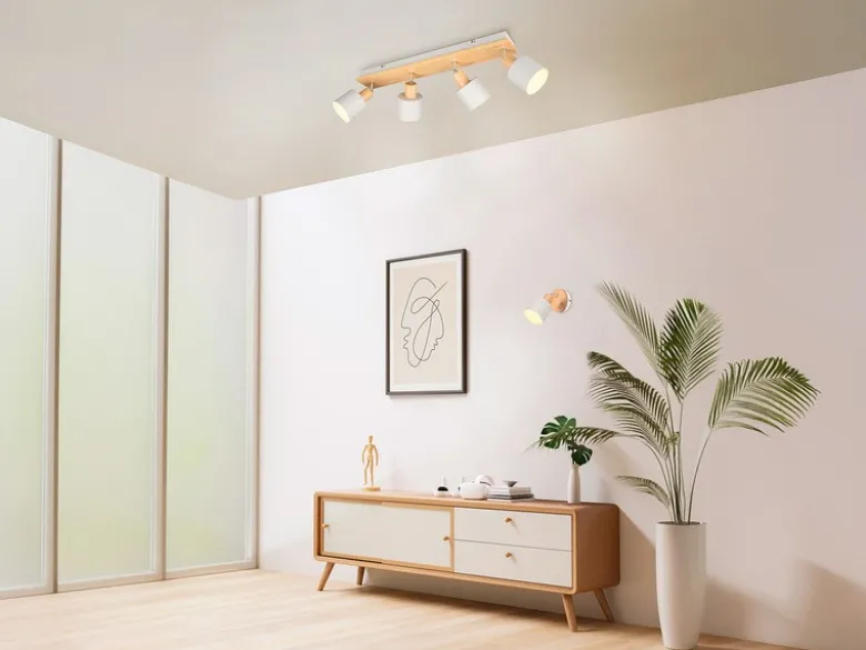 LED Deckenstrahler Hellgrau mit Holz 4-flammig, Breite 60cm