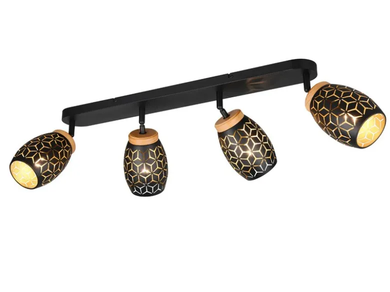 LED Deckenstrahler Schwarz Gold 4-flammig mit Stanzmuster, Breite 74cm
