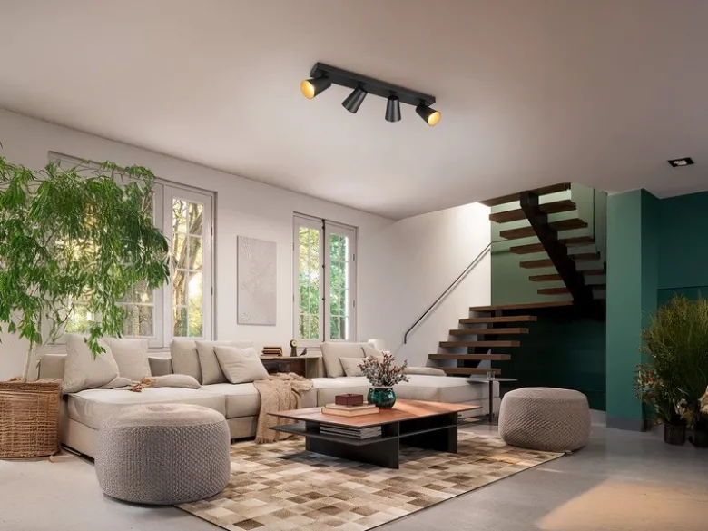LED Deckenstrahler Schwarz Gold 4-flammig, Breite 64cm