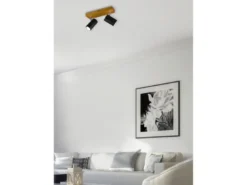 LED Deckenstrahler Schwarz mit Holz 2-flammig, Breite 26cm