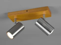 LED Deckenstrahler Silber mit Holz 2-flammig, Breite 25cm