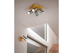 LED Deckenstrahler Silber mit Holz 4-flammig, Quadrat 22cm
