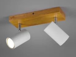 LED Deckenstrahler Weiß mit Holz 2-flammig, Breite 26cm