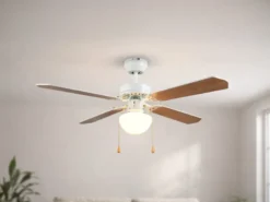 LED Deckenventilator mit Licht & Zugschalter, Weiß Holzoptik Ø 106,5cm