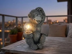 LED Deko Solarleuchte Affenlampe aus Kunststoff Grau, Höhe 27,5cm