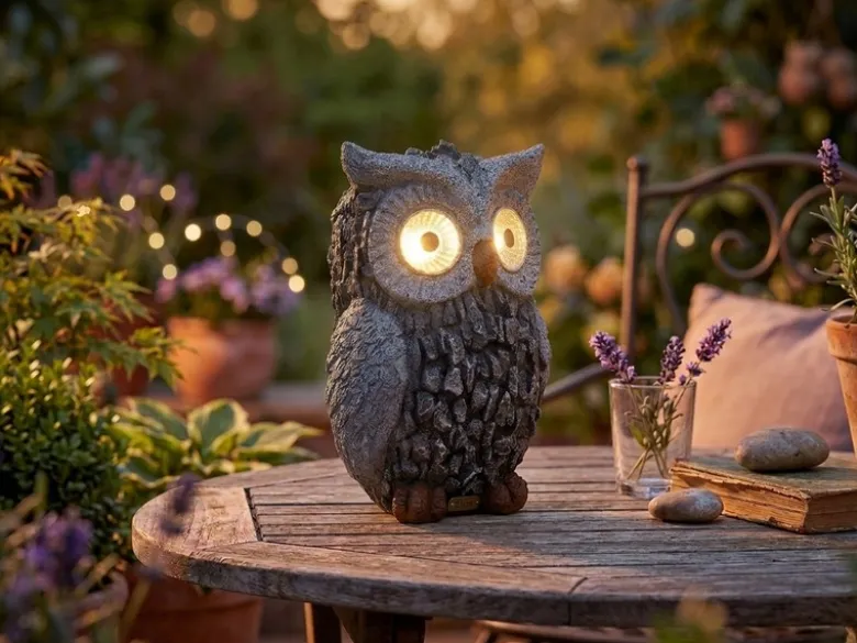 LED Deko Solarleuchte Eulenlampe aus Kunststoff in Grau, Höhe 19,5cm