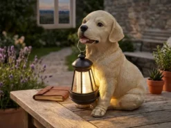 LED Deko Solarleuchte Hundelampe Welpe mit Laterne in Beige-Weiß, Höhe 26cm