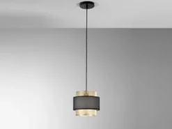 LED Hängelampe einflammig, Metall Gold mit Stoffblende Schwarz, Ø 21cm