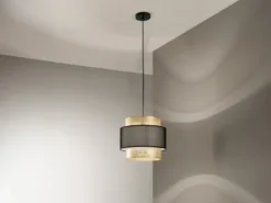 LED Hängelampe einflammig, Metall Gold mit Stoffblende Schwarz, Ø 35cm
