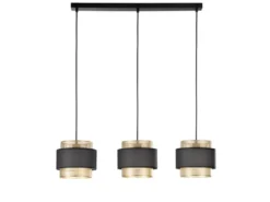 LED Hängelampe 3-flammig, Metall Gold mit Stoffblende Schwarz, Breite 85cm