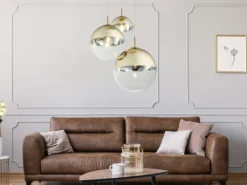 LED Hängelampe 3-flammig mit Glaskugeln in Gold & Klarglas