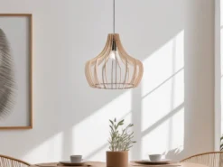 LED Hängeleuchte mit Lampenschirm aus Naturholz Lamellen, Ø 44cm