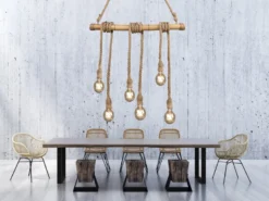 LED Holzbalken Pendelleuchte 6-flammig mit Bambusrohr & Tau, Breite 100cm