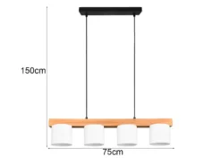 LED Holzbalken Pendelleuchte 4-flammig, Stoff Lampenschirme Weiß, B: 75cm