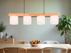 LED Holzbalken Pendelleuchte 4-flammig, Stoff Lampenschirme Weiß, B: 75cm