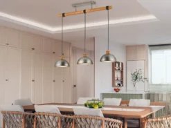LED Holzbalken Pendelleuchte 3-flammig lang, Höhe 150 - 210cm, Breite: 107,5cm