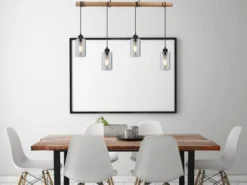 LED Holzbalken Pendelleuchte mit 4 Rauchglas Lampenschirmen, Breite 98cm