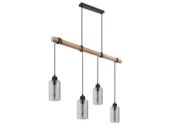 LED Holzbalken Pendelleuchte mit 4 Rauchglas Lampenschirmen, Breite 98cm