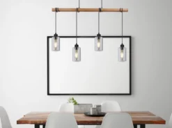 LED Holzbalken Pendelleuchte mit 4 Rauchglas Lampenschirmen, Breite 98cm